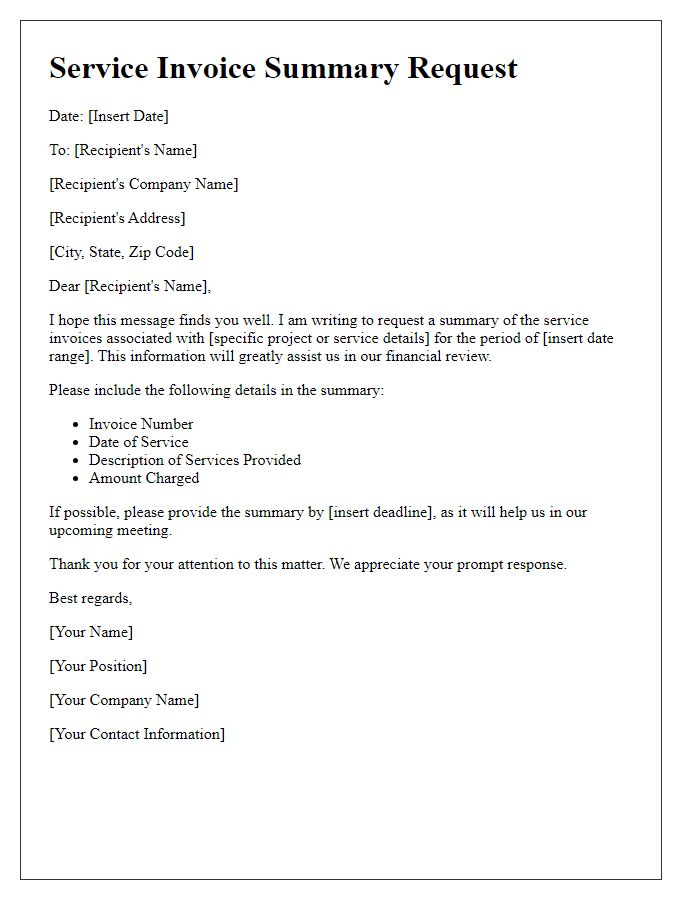 Letter template of service invoice summary request