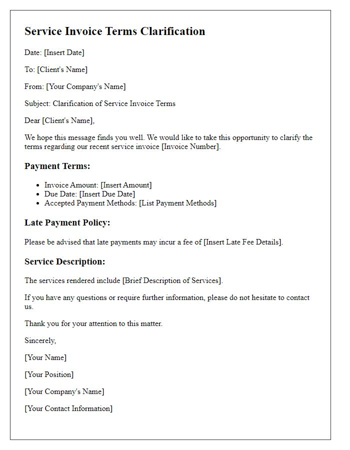 Letter template of service invoice terms clarification