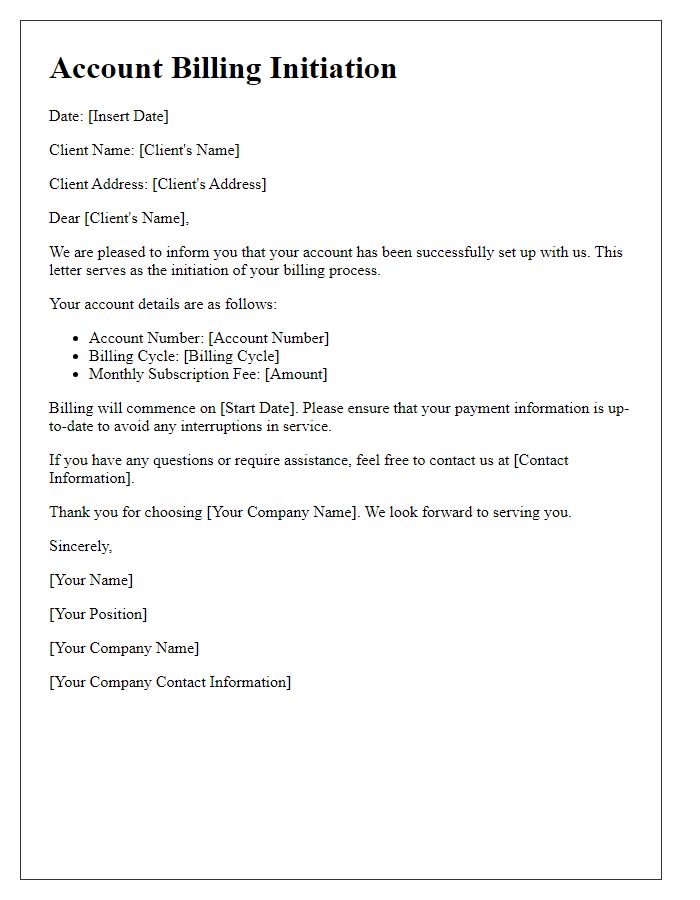 Letter template of account billing initiation for new clients