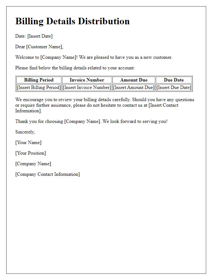 Letter template of billing details distribution for new customer