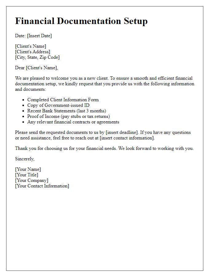 Letter template of financial documentation setup for new client