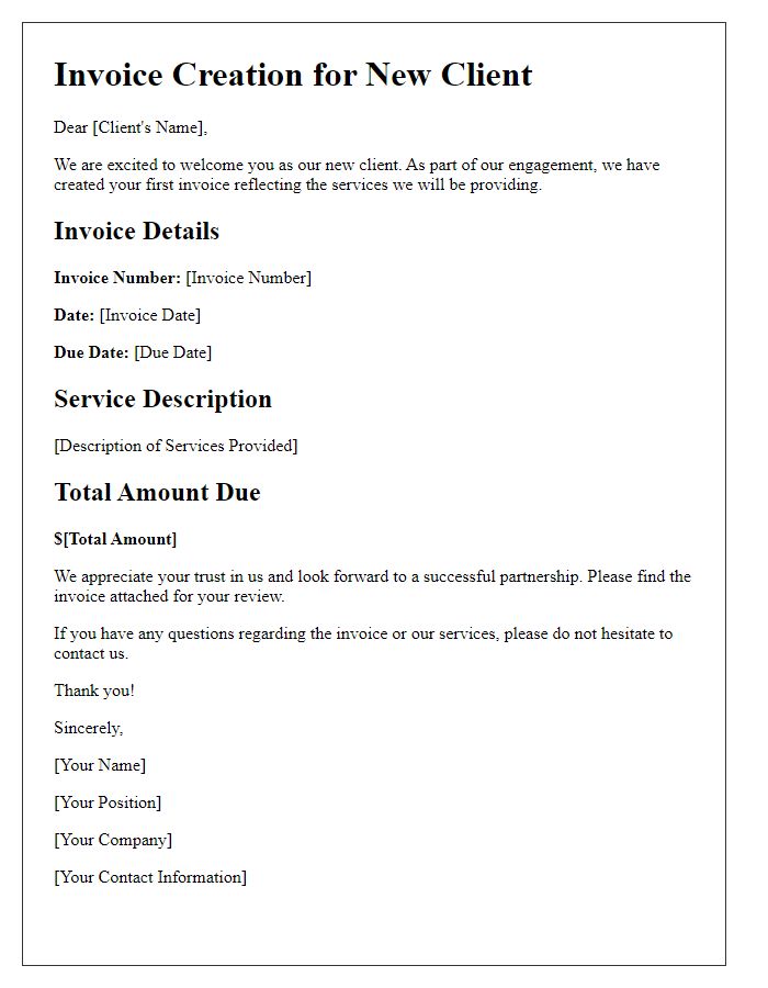 Letter template of invoice creation for a new client relationship