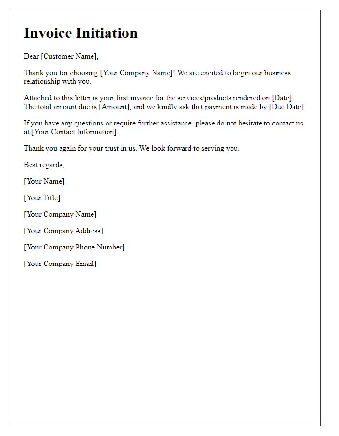 Letter template of invoice initiation for first-time customer