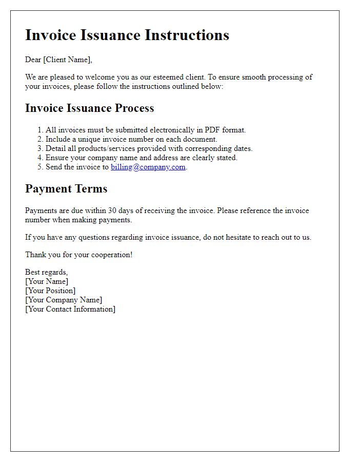 Letter template of invoice issuance instructions for new clientele