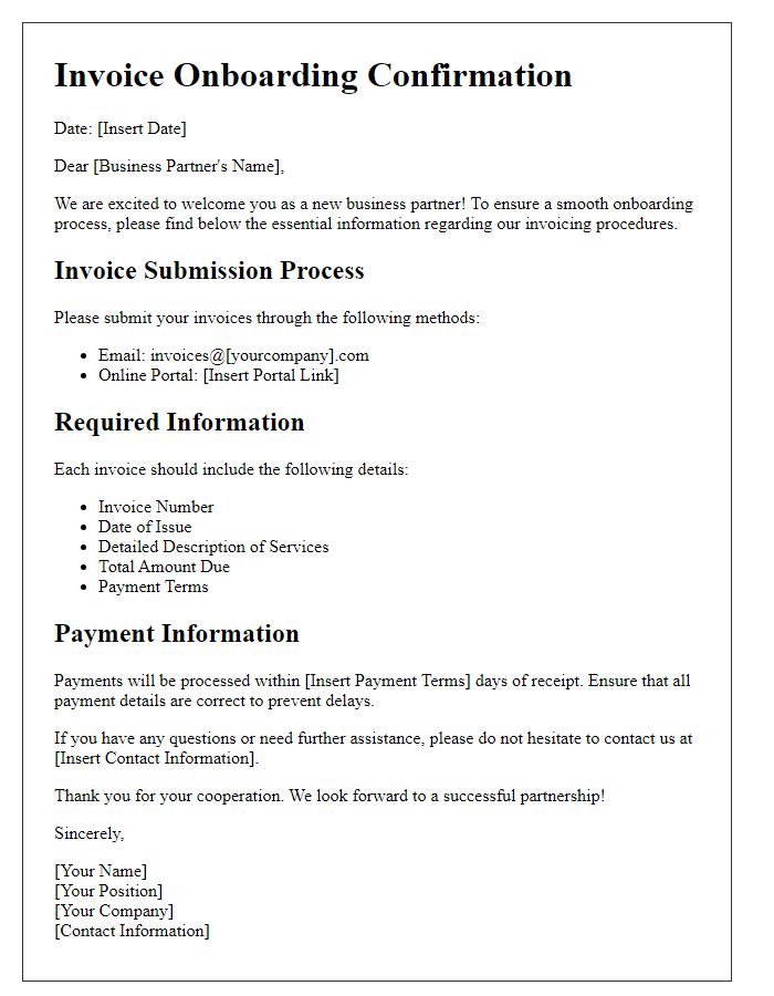 Letter template of invoice onboarding for new business partner