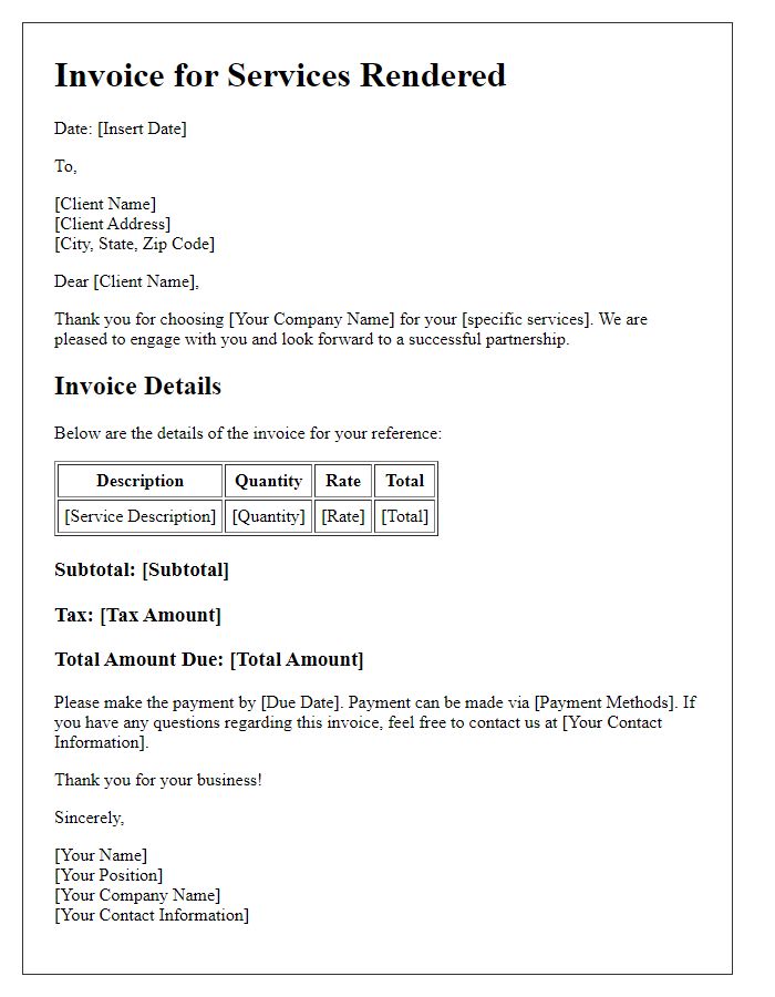 Letter template of invoice setup for new client engagement