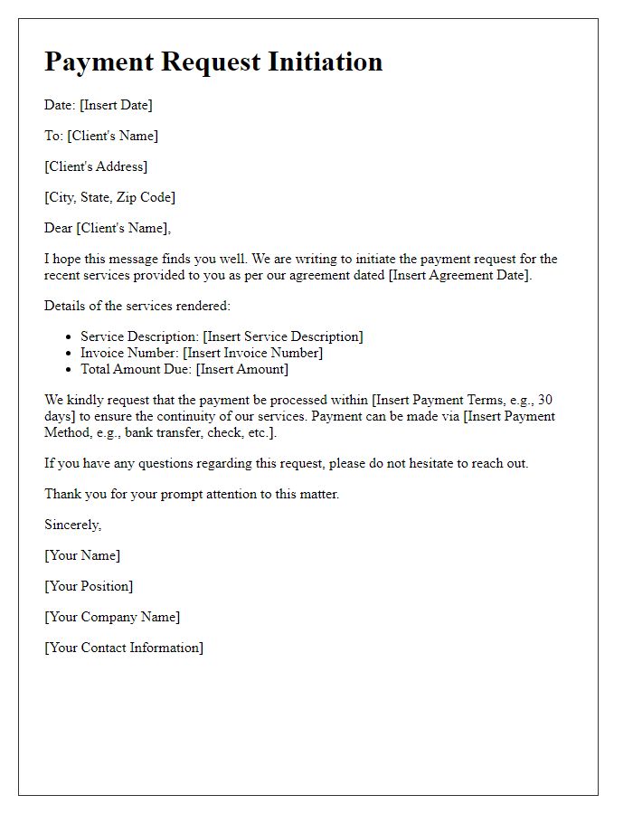 Letter template of payment request initiation for recent client