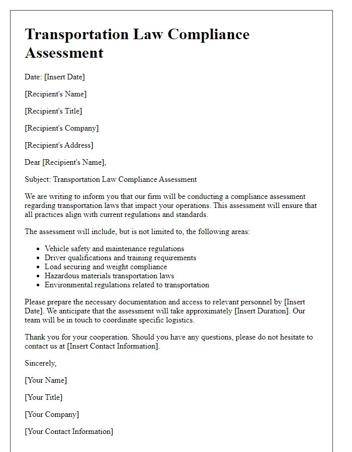 Letter template of transportation law compliance assessment