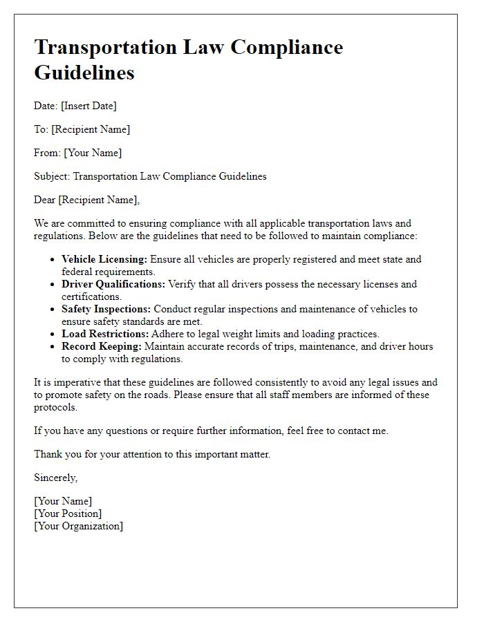 Letter template of transportation law compliance guidelines