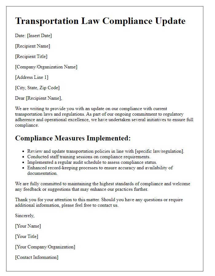 Letter template of transportation law compliance update