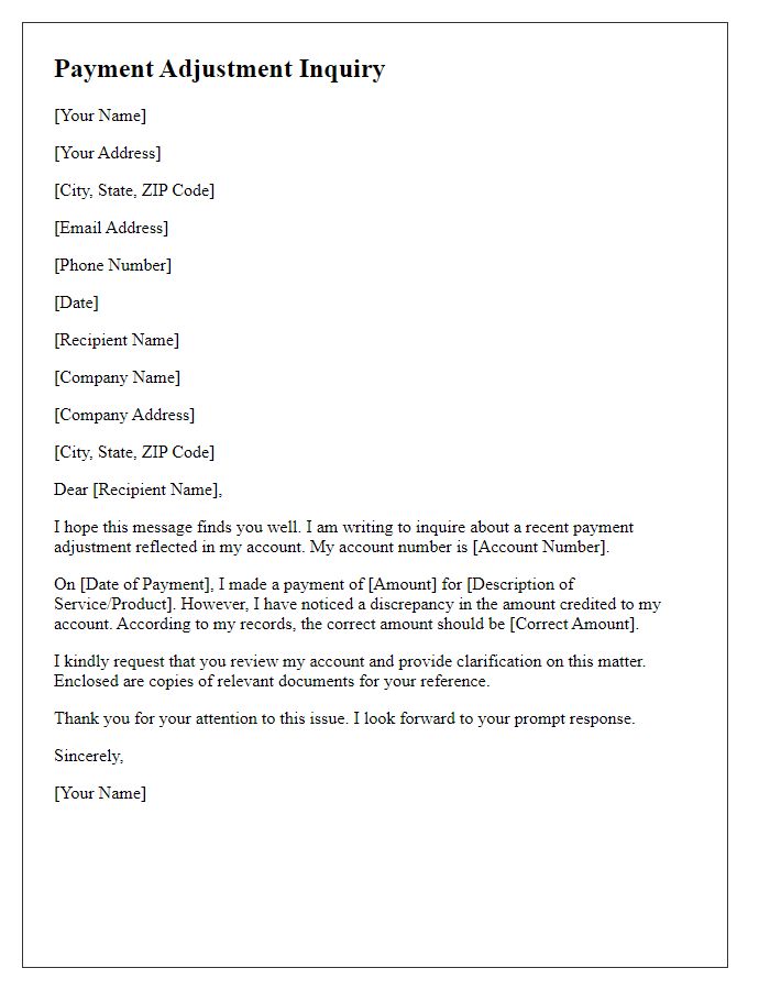 Letter template of payment adjustment inquiry.