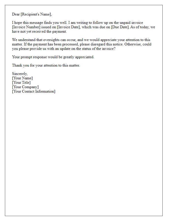 Letter template of unresolved invoice issue follow-up.