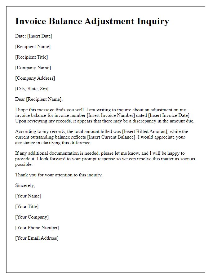 Letter template of invoice balance adjustment inquiry