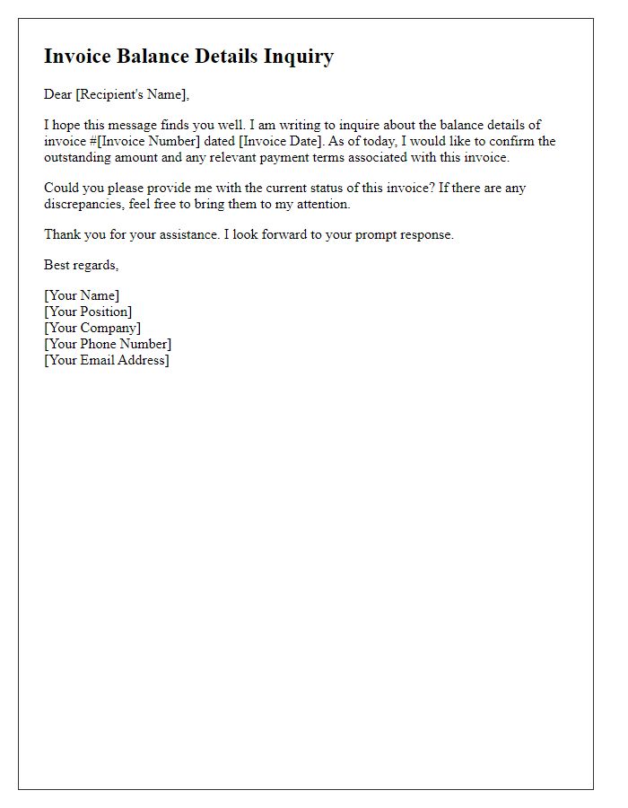 Letter template of invoice balance details inquiry