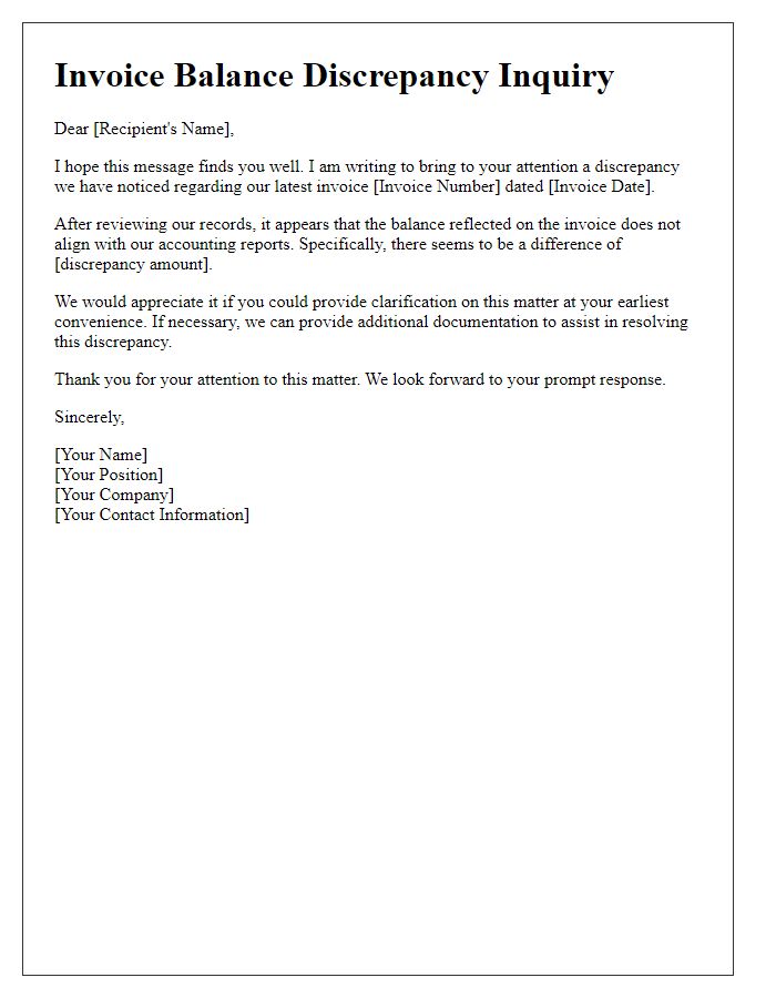 Letter template of invoice balance discrepancy inquiry