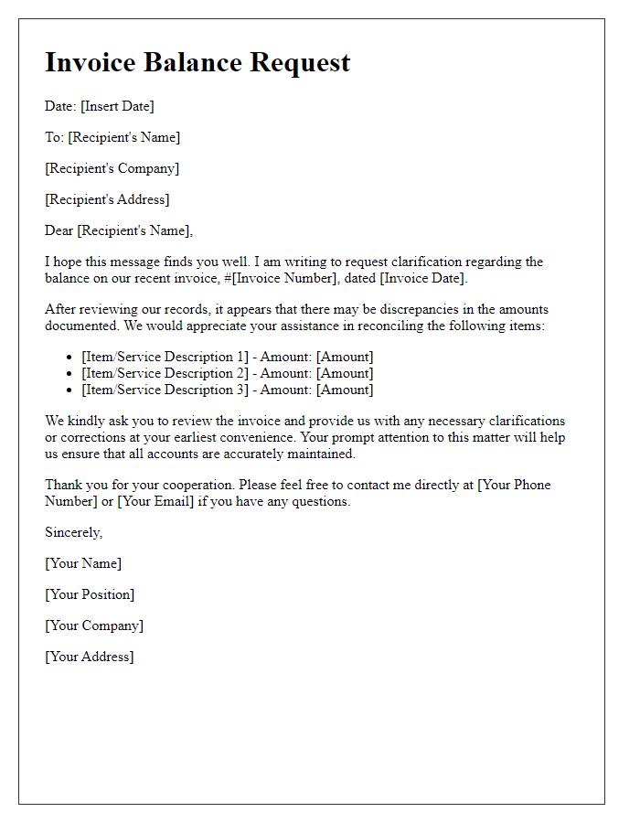 Letter template of invoice balance request for clarification