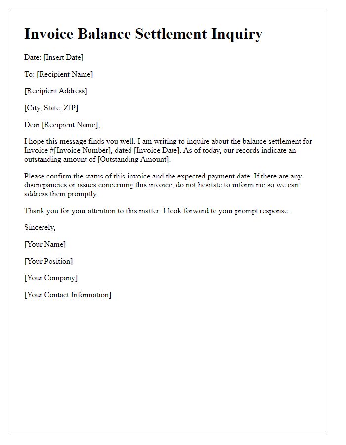 Letter template of invoice balance settlement inquiry