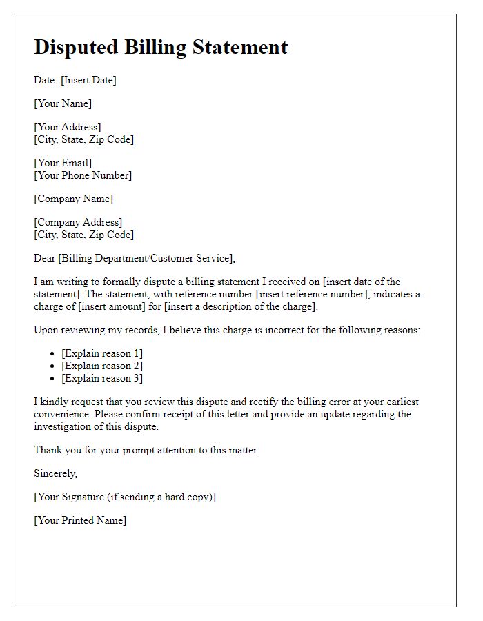 Letter template of disputed billing statement