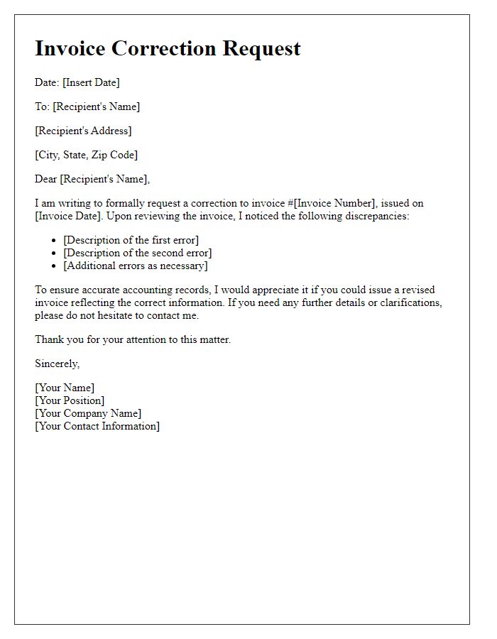 Letter template of invoice correction request