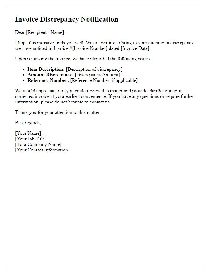 Letter template of invoice discrepancy notification