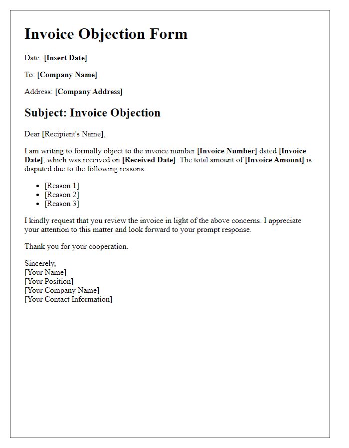 Letter template of invoice objection form