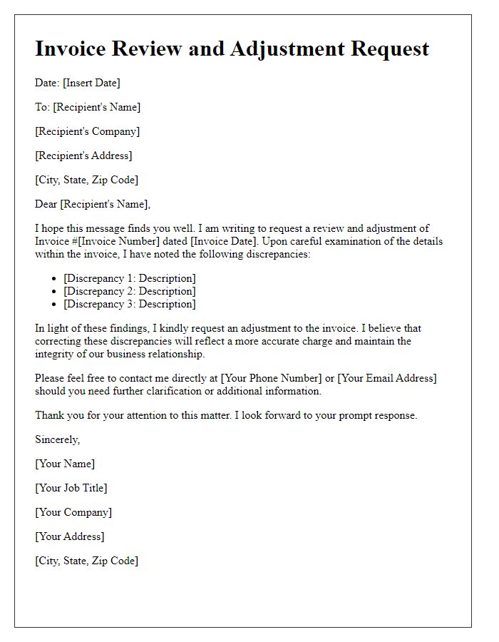 Letter template of invoice review and adjustment request