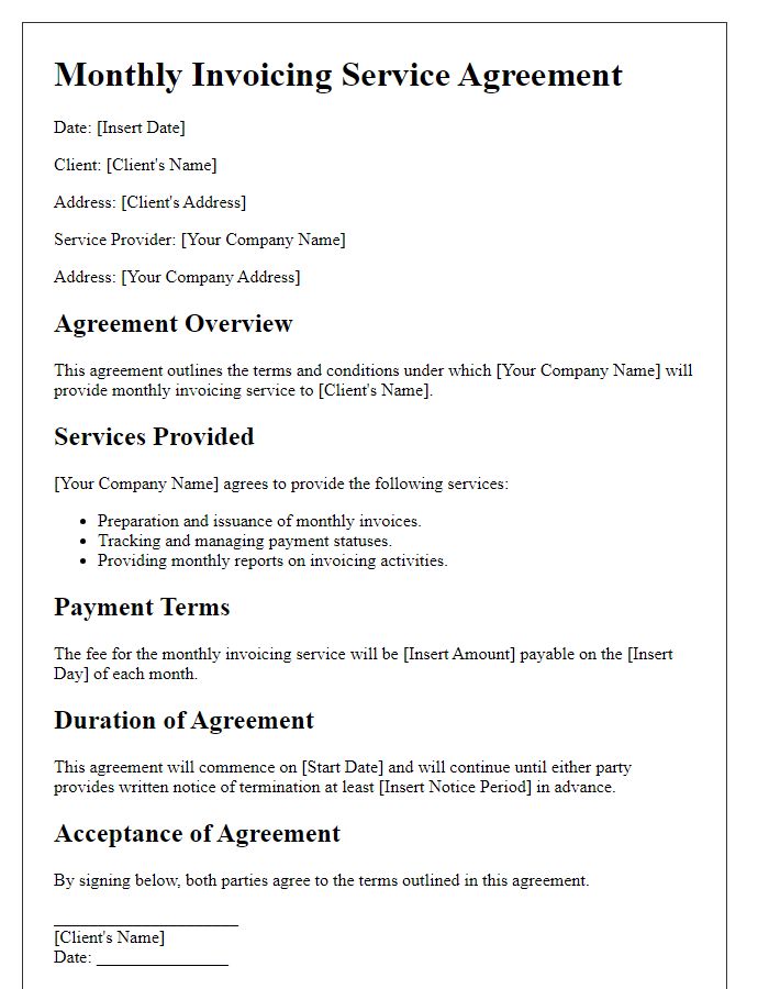 Letter template of agreement for monthly invoicing service