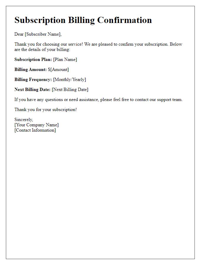 Letter template of confirmation for subscription billing