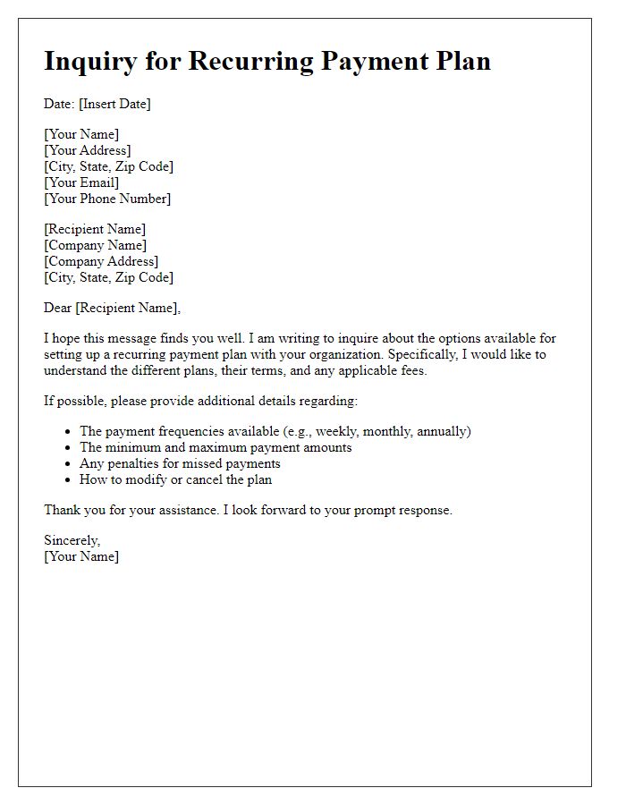 Letter template of inquiry for recurring payment plan