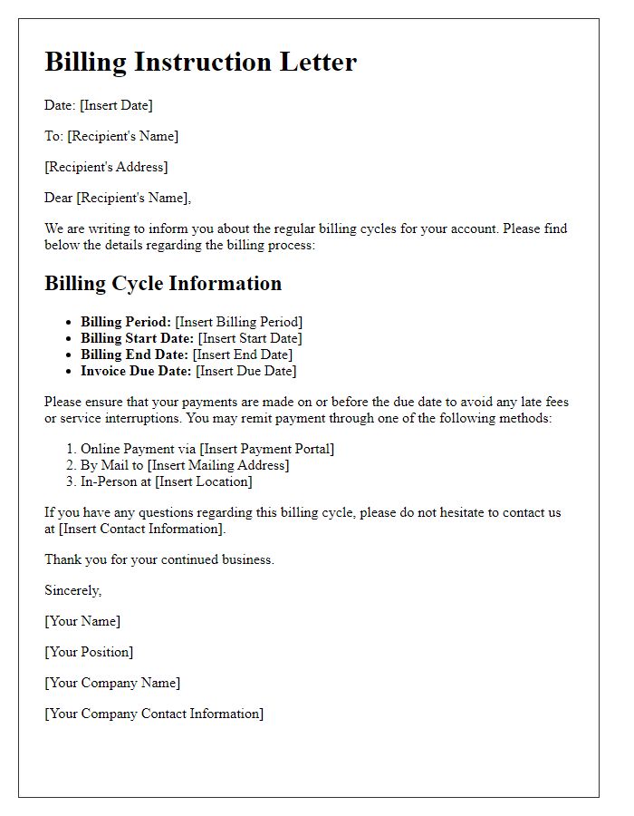 Letter template of instruction for regular billing cycles