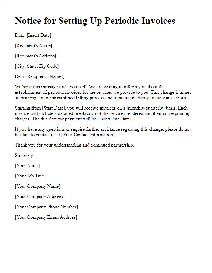 Letter template of notice for setting up periodic invoices