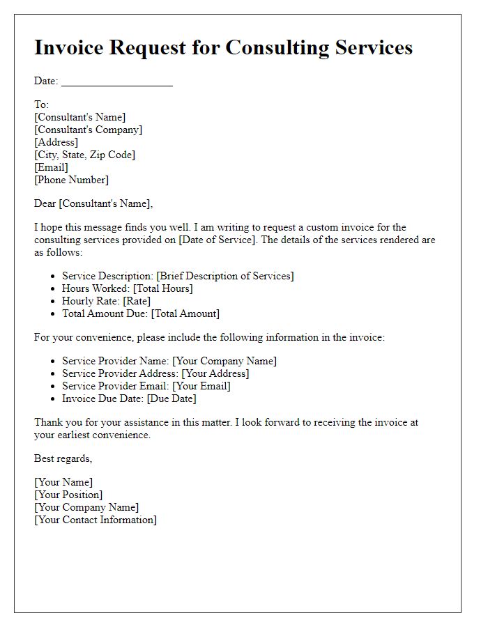 Letter template of Custom Invoice Request for Consulting Services