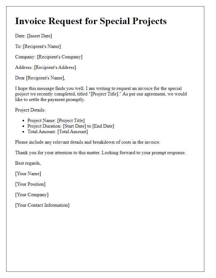 Letter template of Invoice Request for Special Projects