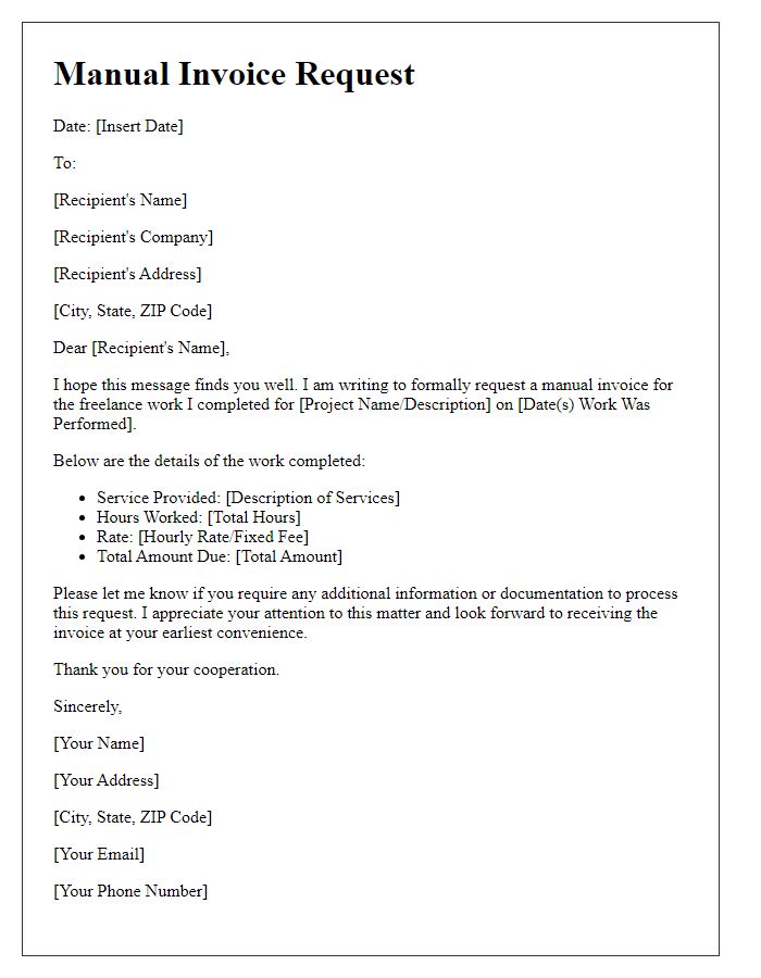 Letter template of Manual Invoice Request for Freelance Work