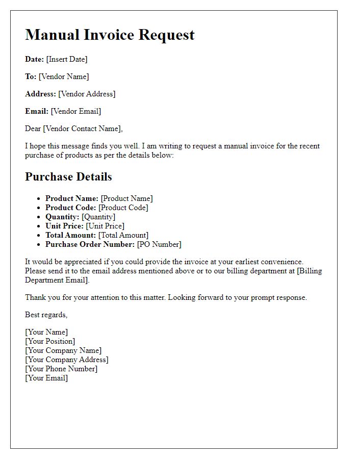 Letter template of Manual Invoice Request for Product Purchase