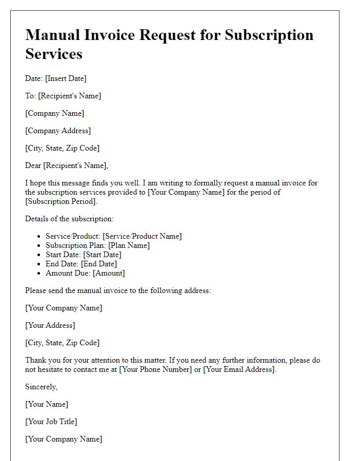 Letter template of Manual Invoice Request for Subscription Services