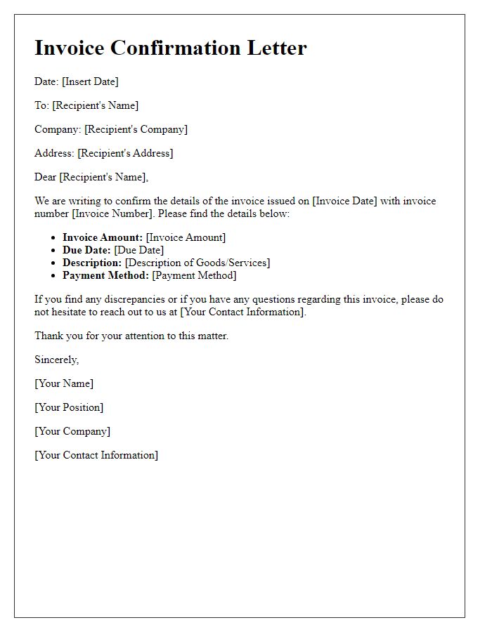 Letter template of confirmation for correct invoice details