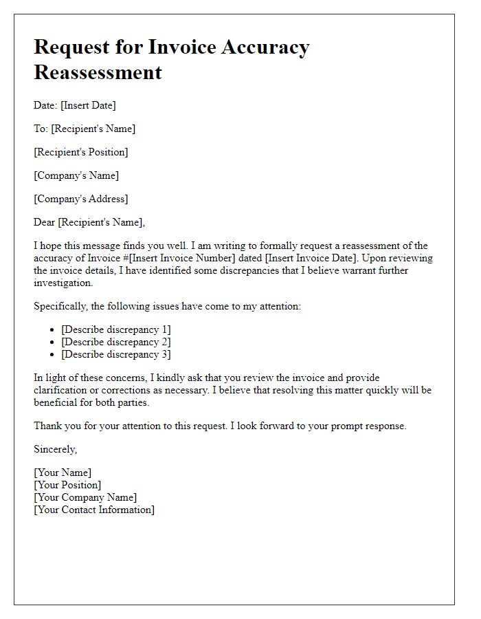 Letter template of request for invoice accuracy reassessment