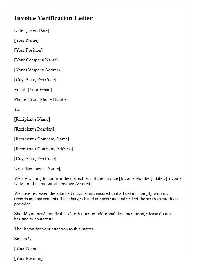 Letter template of verification for invoice correctness