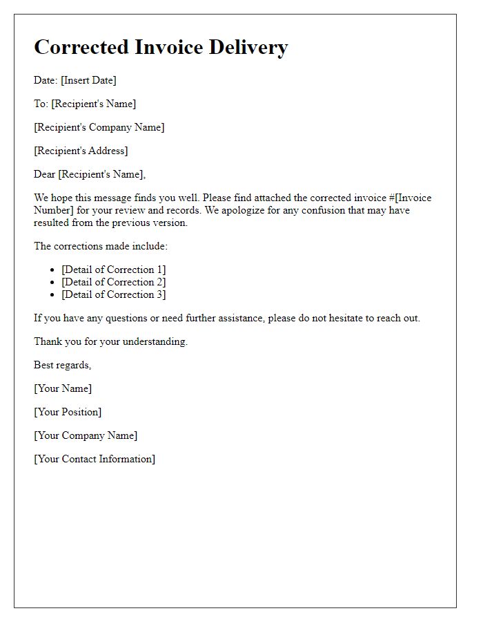 Letter template of corrected invoice delivery