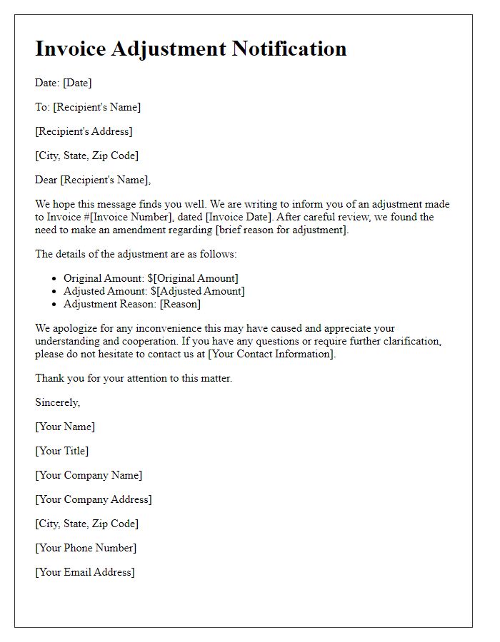 Letter template of invoice adjustment notification