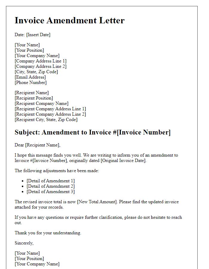 Letter template of invoice amendment outline