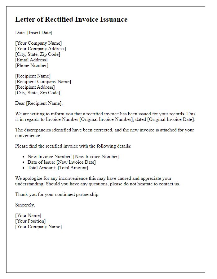 Letter template of rectified invoice issuance