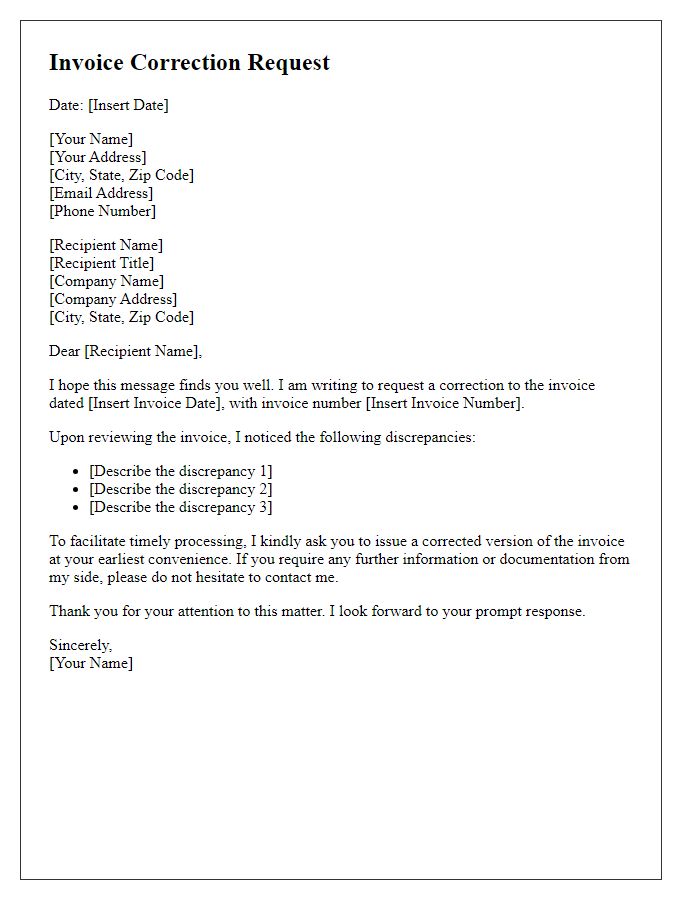 Letter template of reissued invoice correction request