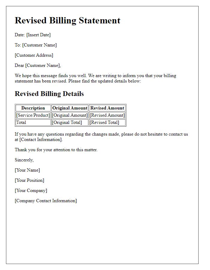 Letter template of revised billing statement