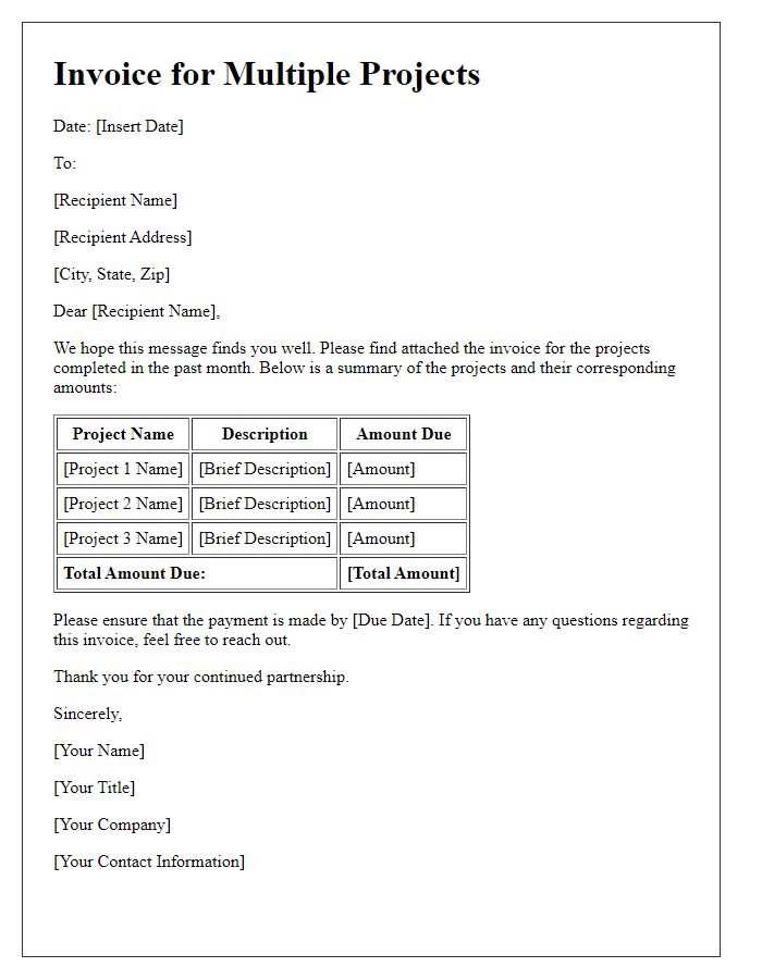 Letter template of Array Invoice Sending for Multiple Projects