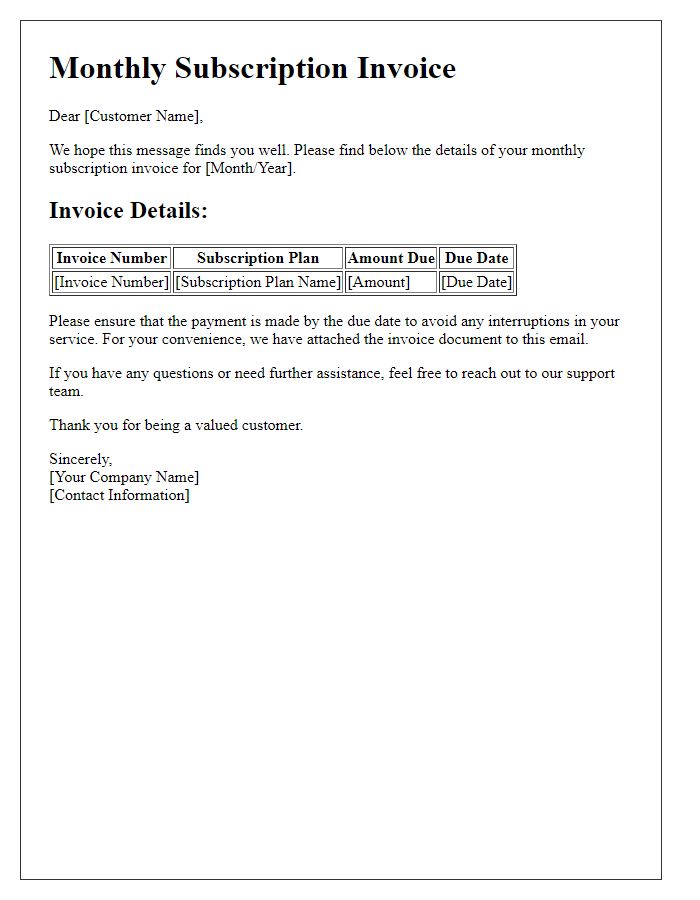 Letter template of Bulk Invoice Sending for Monthly Subscription