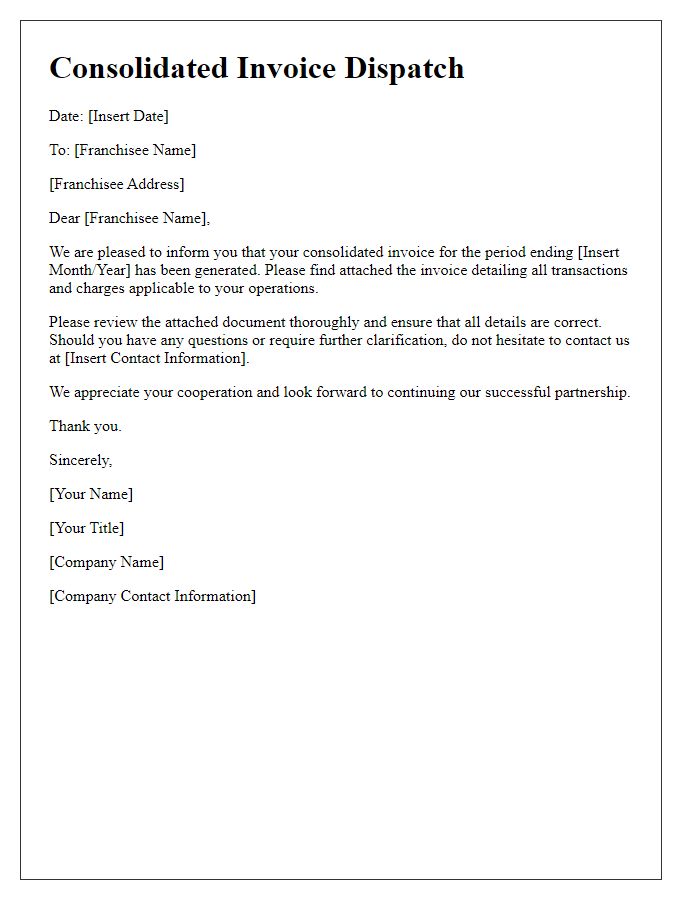 Letter template of Consolidated Invoice Dispatch for Franchise Operations