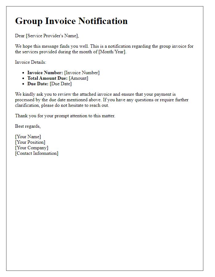 Letter template of Group Invoice Notification for Service Providers