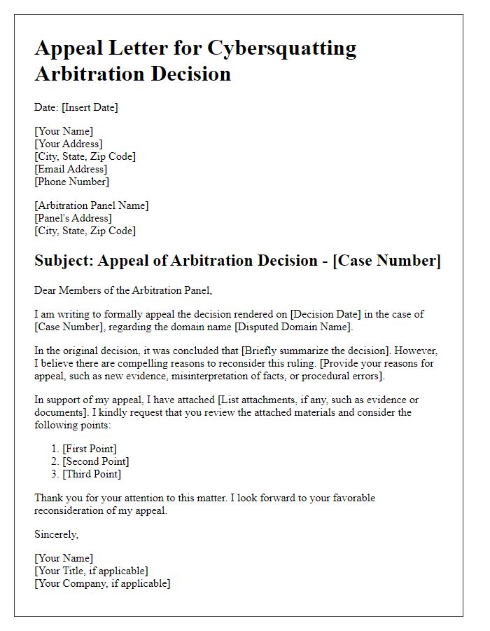 Letter template of appeal for cybersquatting arbitration decision